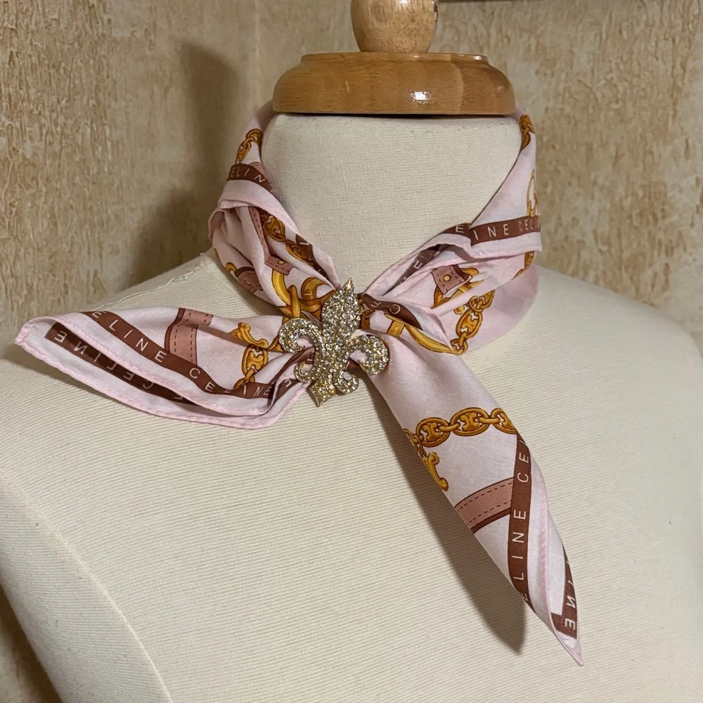 Celine Light Pink Scarf with Gold and Brown Chain Design - Picture 2 of 7